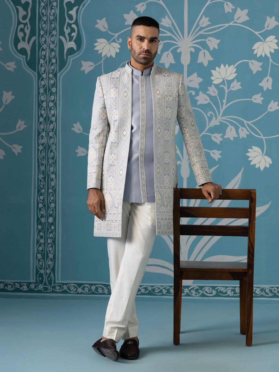 Light blue open indowestern set