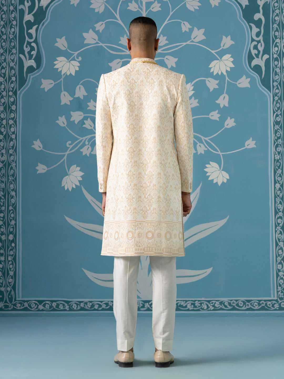 Off-White Sherwani with Beige Threadwork Embroidery