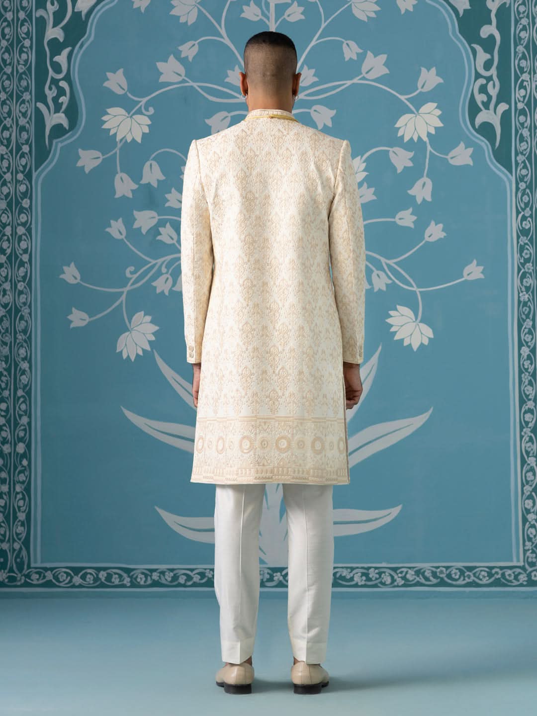 Off-White Sherwani with Beige Threadwork Embroidery
