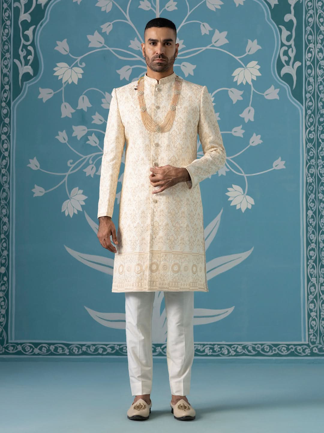 Off-White Sherwani with Beige Threadwork Embroidery