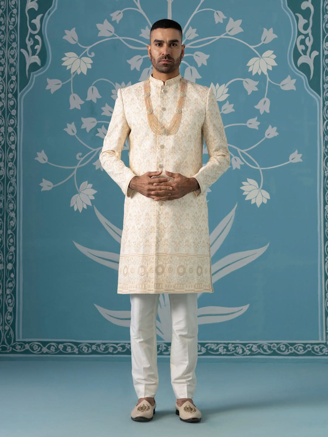 Off-White Sherwani with Beige Threadwork Embroidery