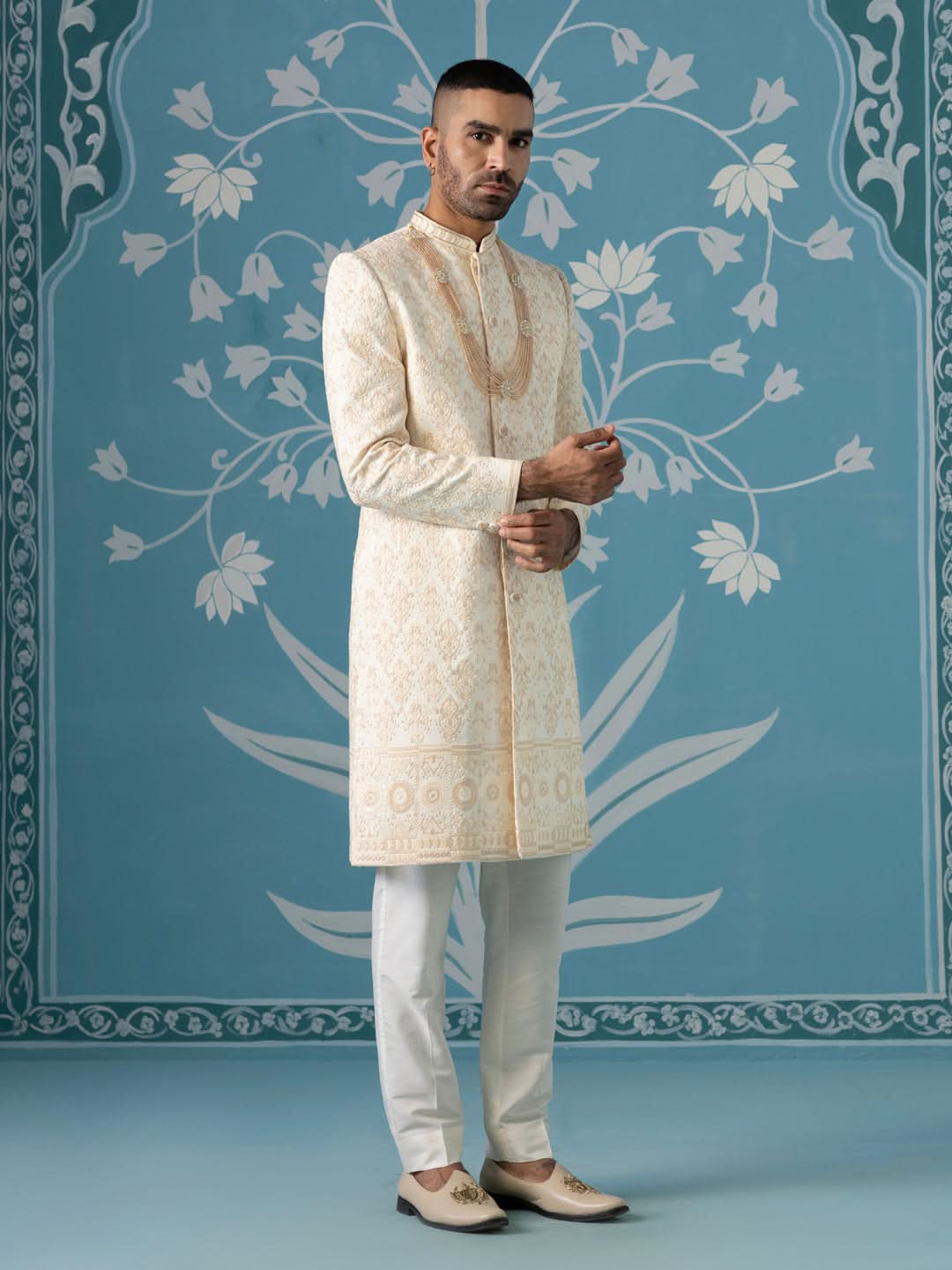 Off-White Sherwani with Beige Threadwork Embroidery