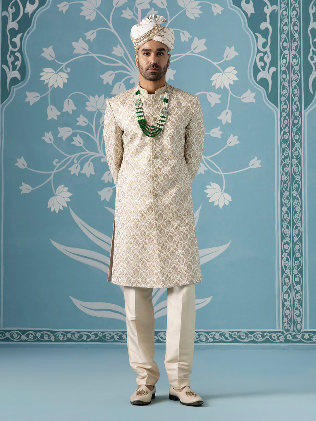Cream Motif Embroidered Sherwani Set