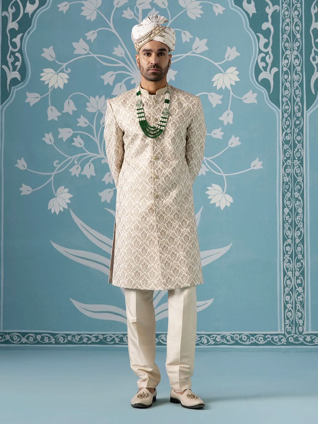 Cream Motif Embroidered Sherwani Set