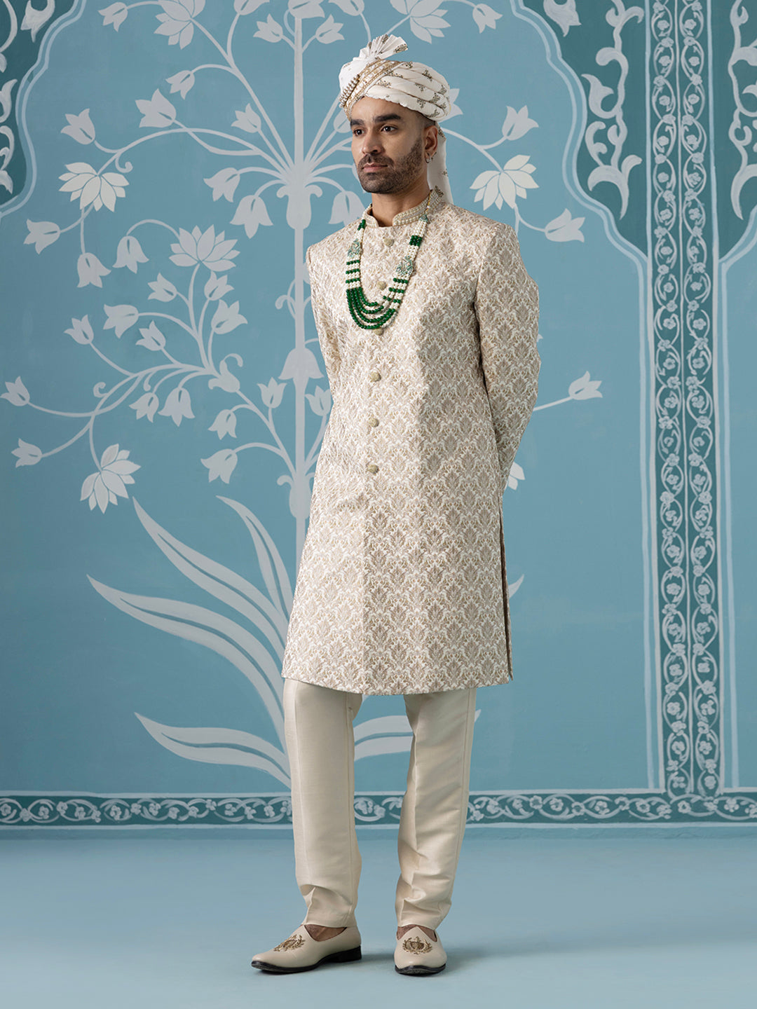 Cream Motif Embroidered Sherwani Set