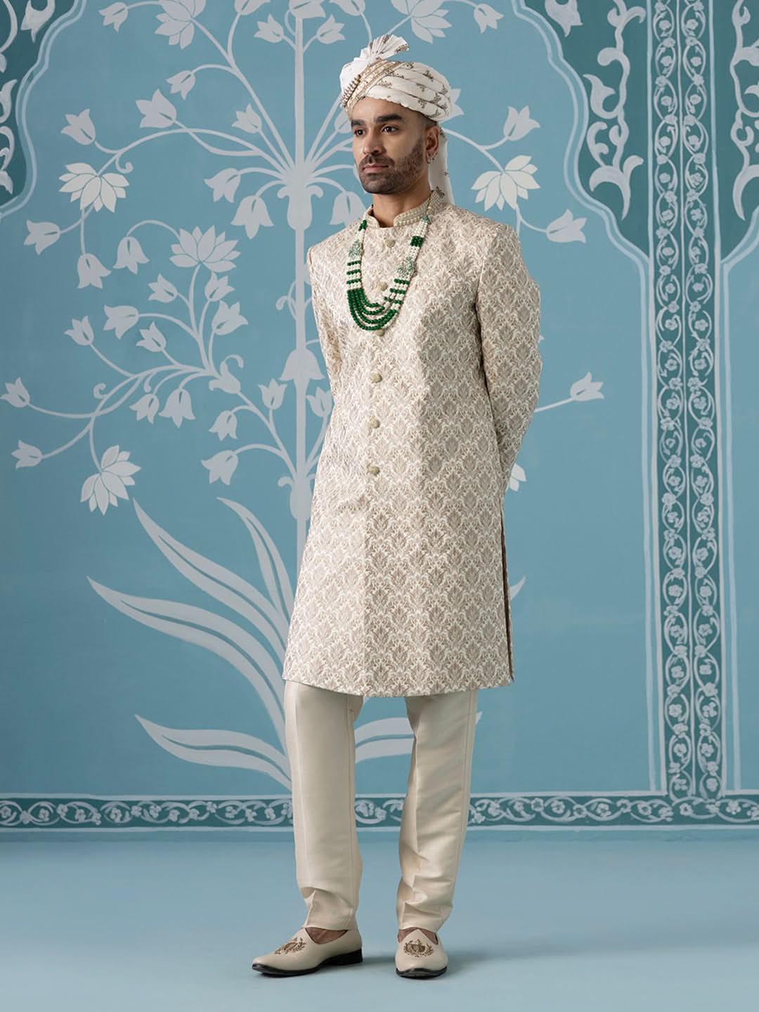Cream Motif Embroidered Sherwani Set