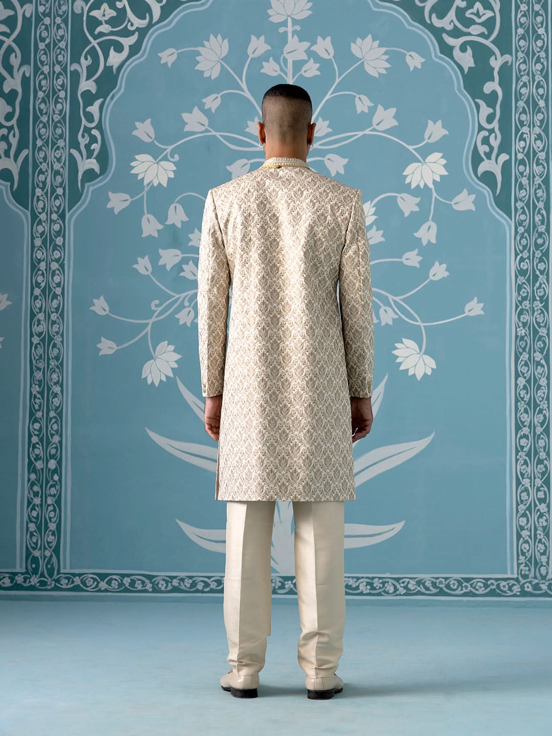 Cream Motif Embroidered Sherwani Set