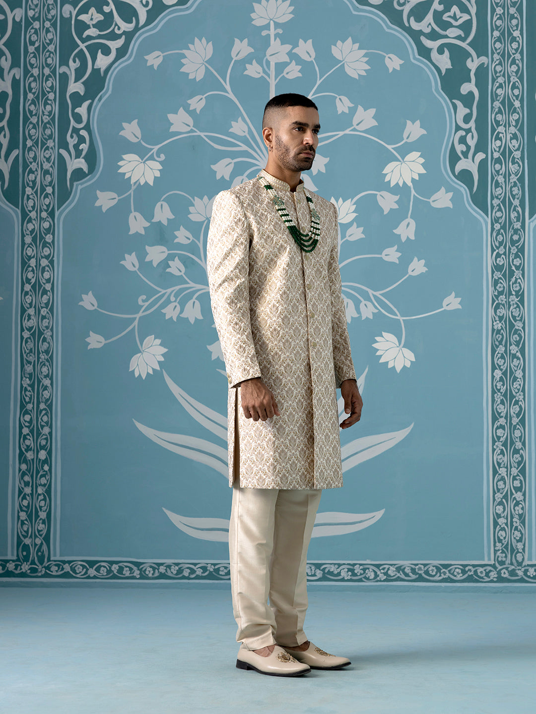 Cream Motif Embroidered Sherwani Set