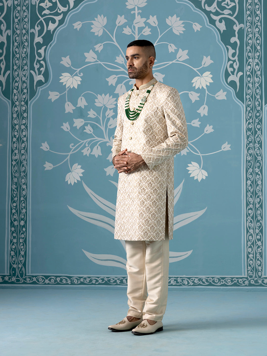 Cream Motif Embroidered Sherwani Set