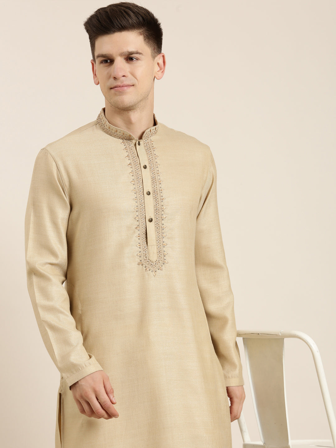 Beige Cotton Dori Embroidered Kurta