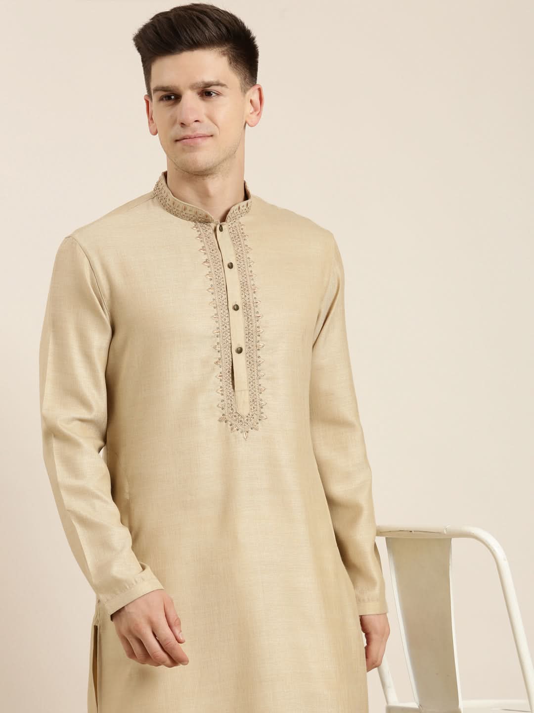 Beige Cotton Dori Embroidered Kurta