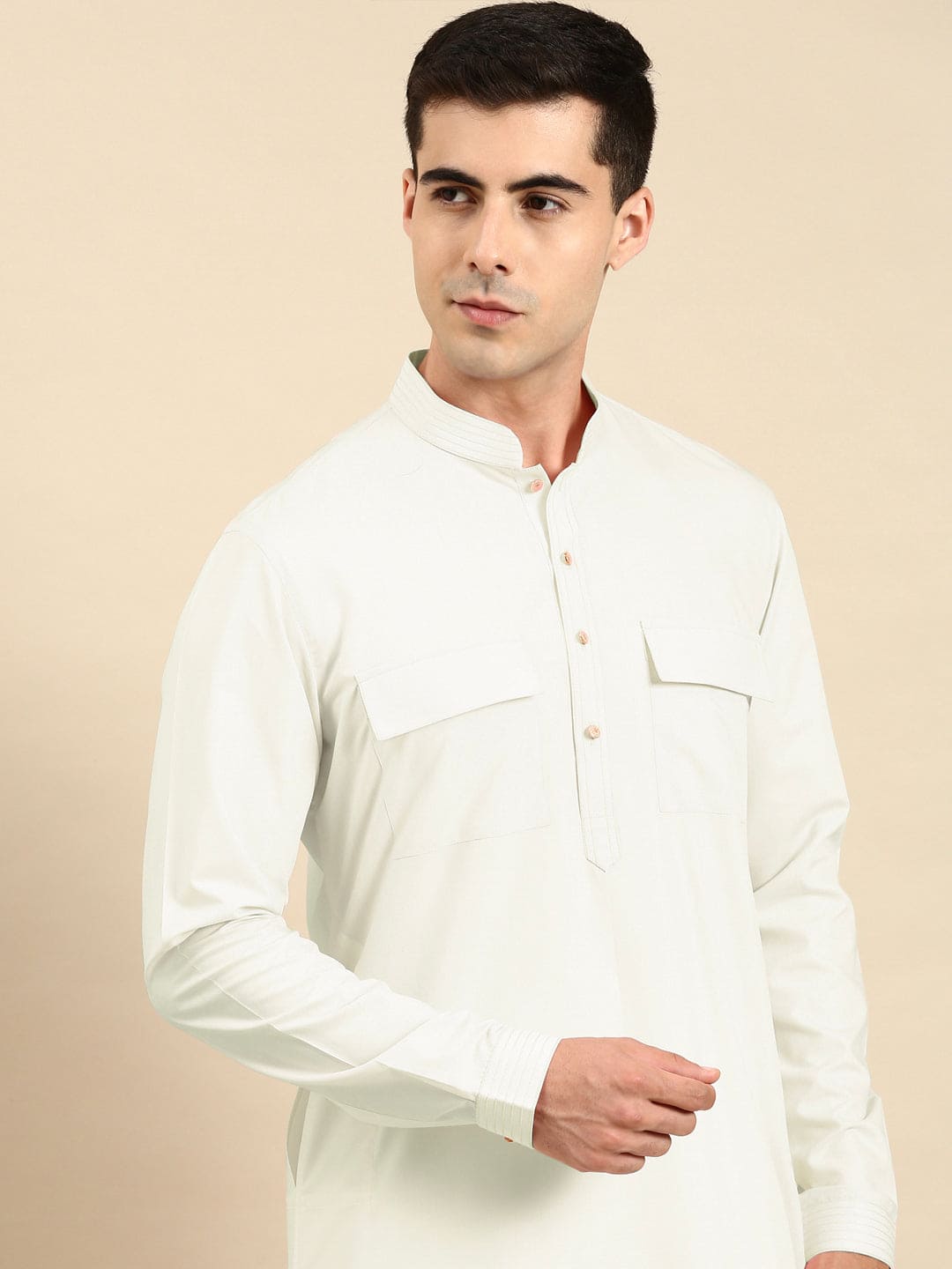 Cream Cotton Pathani Kurta Set with Patch pocket