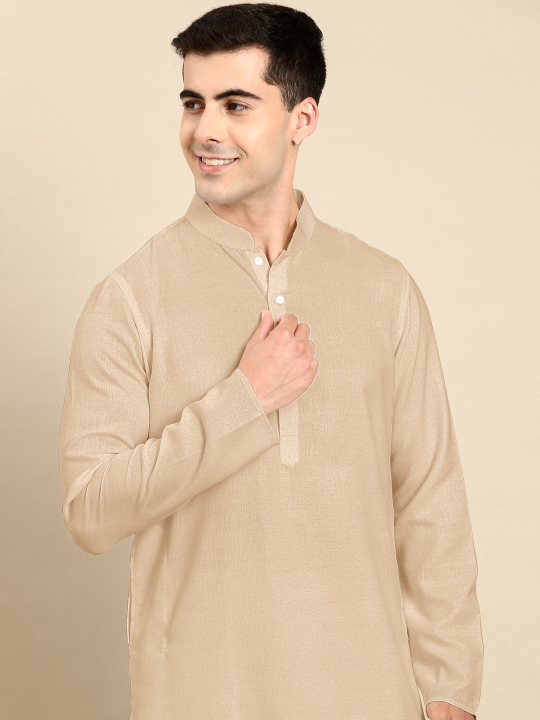 Beige Twill Weave Cotton Kurta  Set
