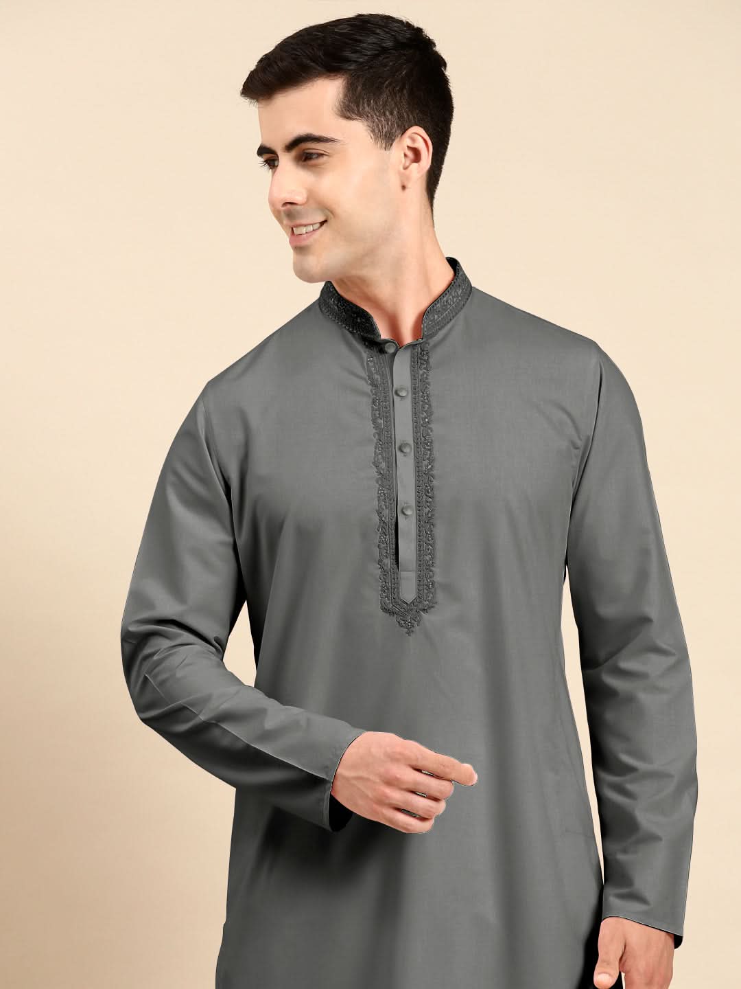 Grey Cotton Dori Embroidered Kurta Set