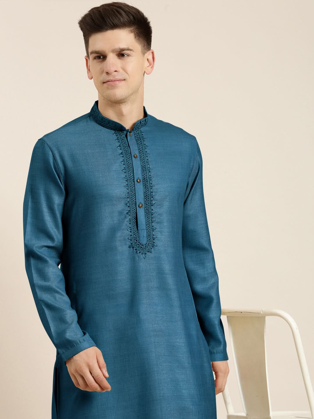 Denim Blue cotton Dori Embroidered Kurta