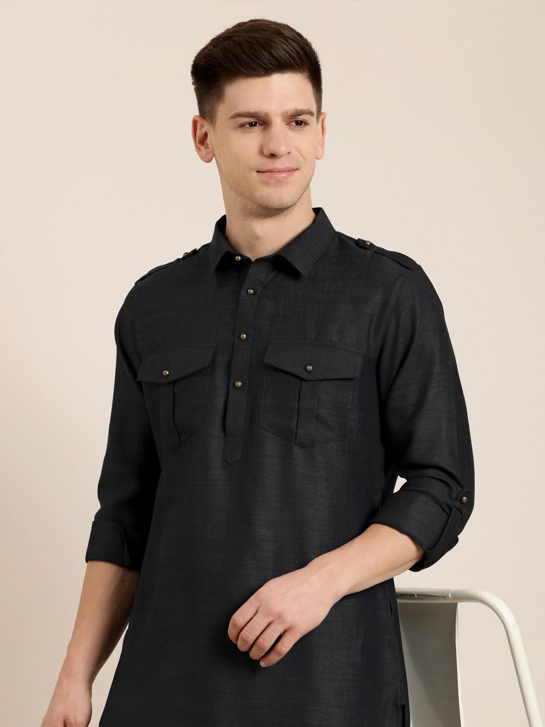 Black Cotton Pathani With Salwar