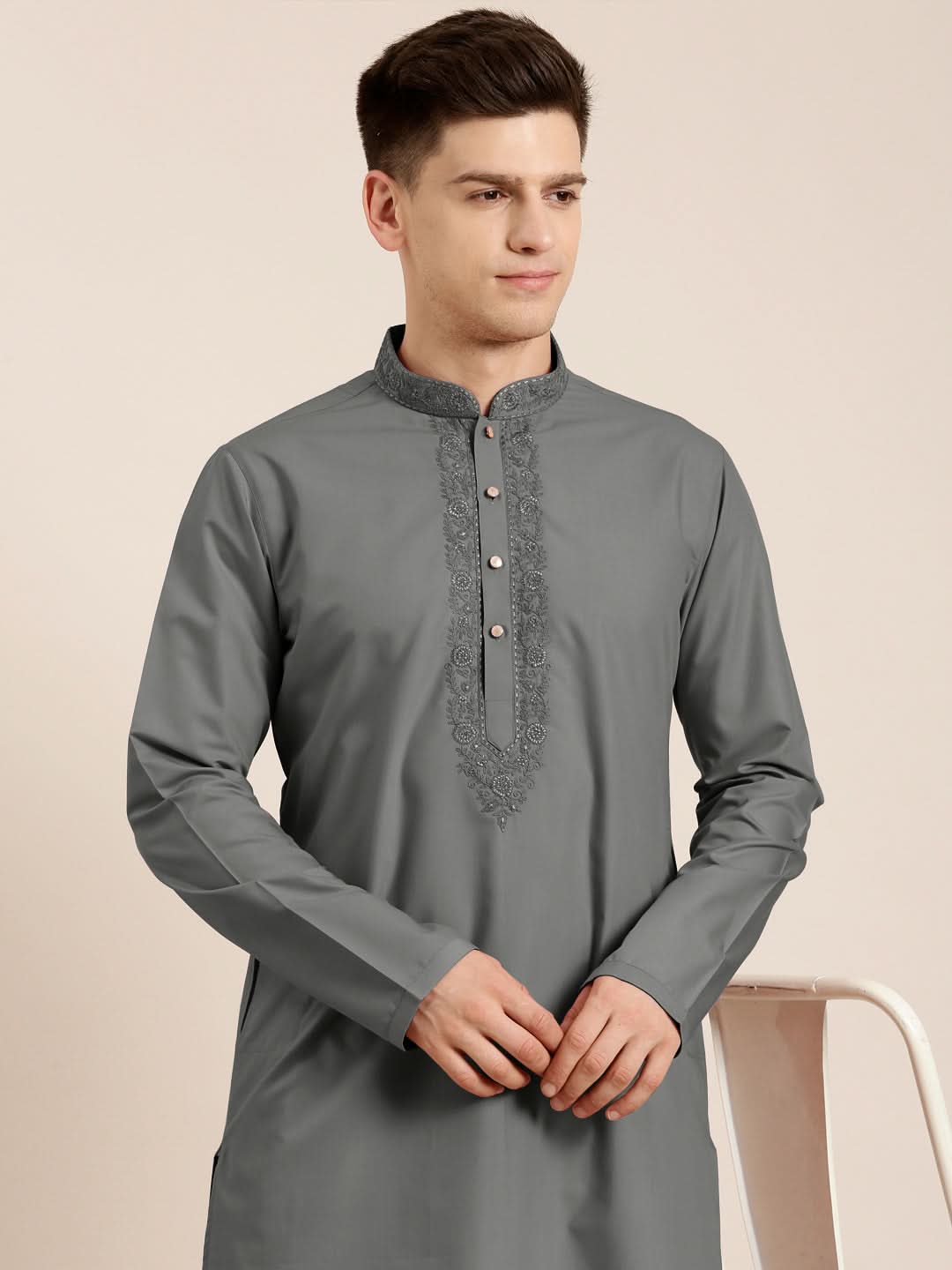 Grey Cotton Dori Embroidered Kurta Set