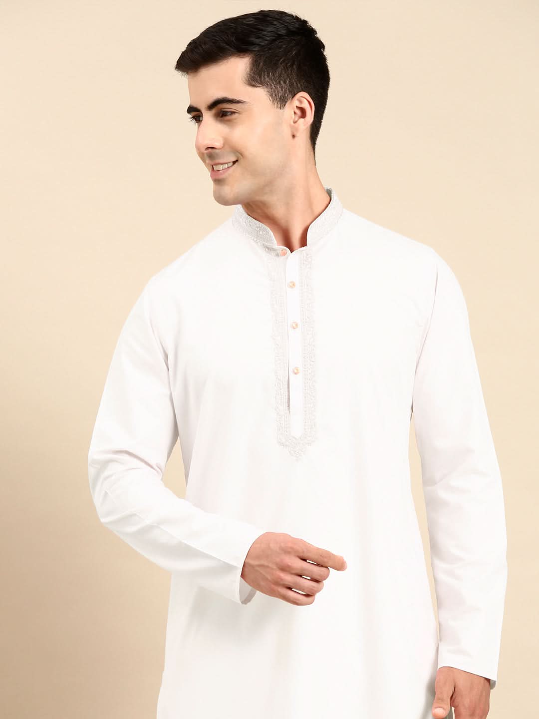 White Cotton Dori Embroidered Kurta Set
