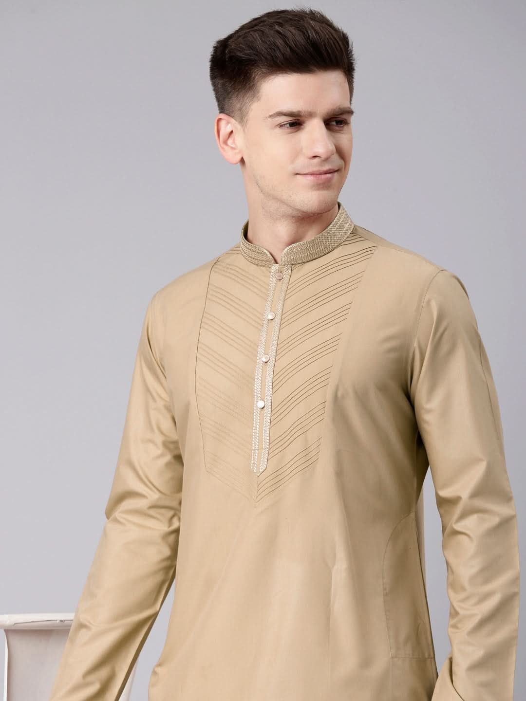 Beige Pleated Cotton Kurta Set