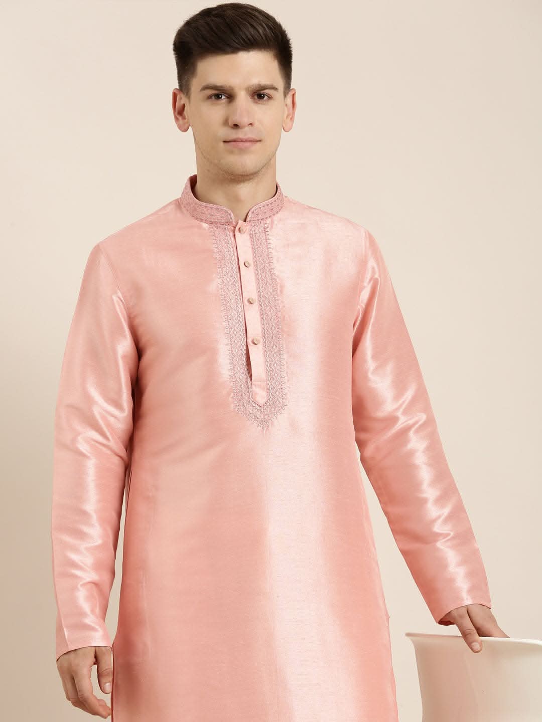 Peach Silk Embroidered Kurta Set
