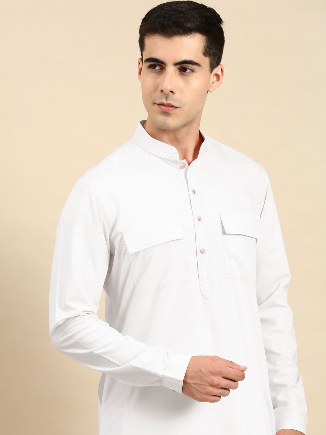 White Cotton Pathani Kurta Set with Patch pocket