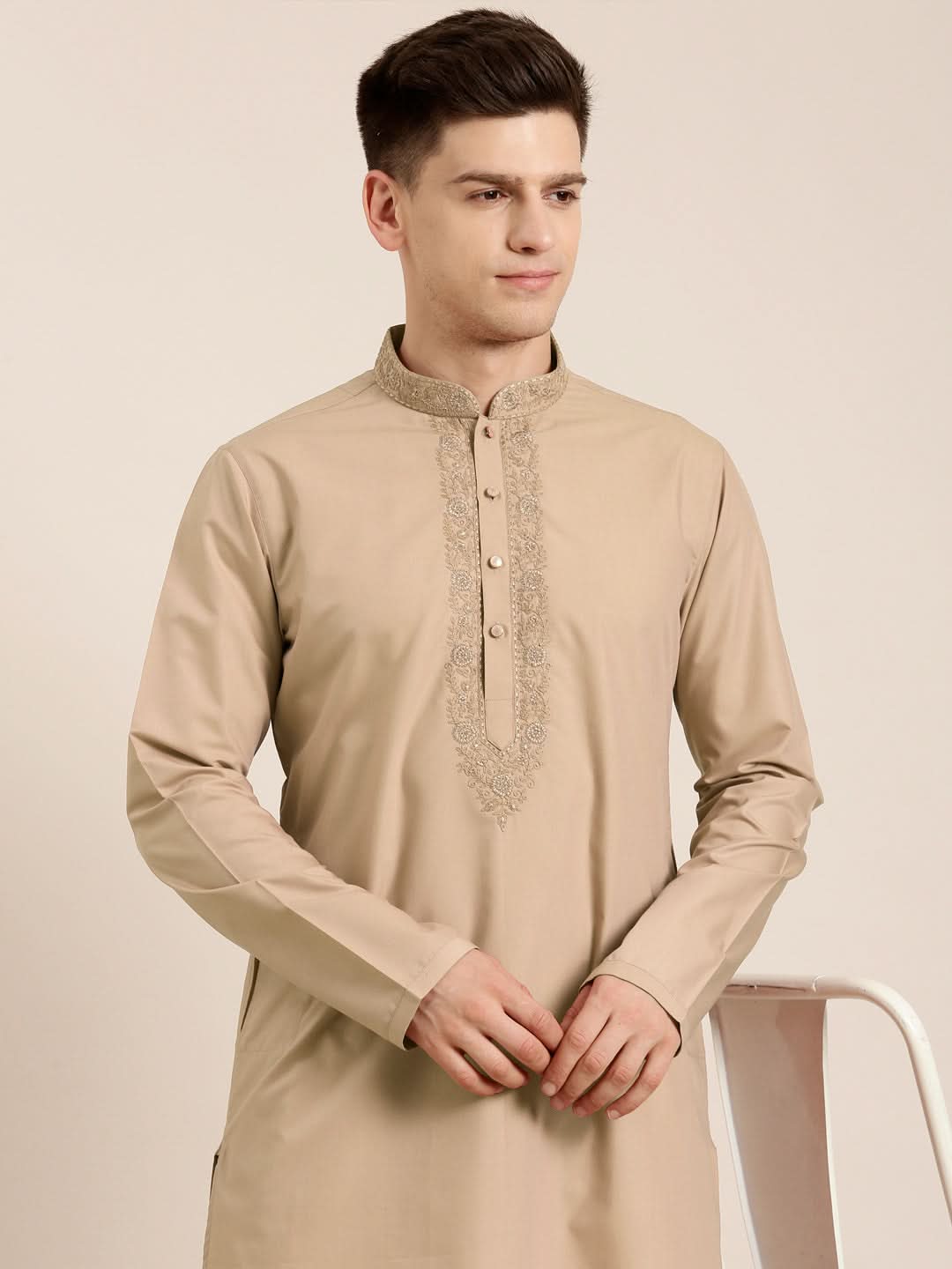 Beige Cotton Dori Embroidered Kurta Set