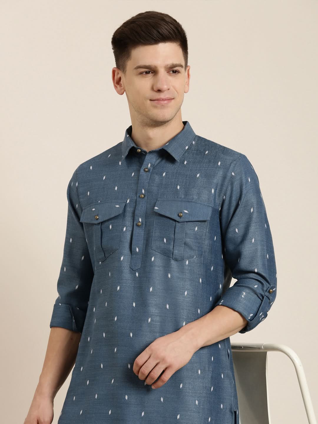 Denim Blue Cotton Pathani With Salwar