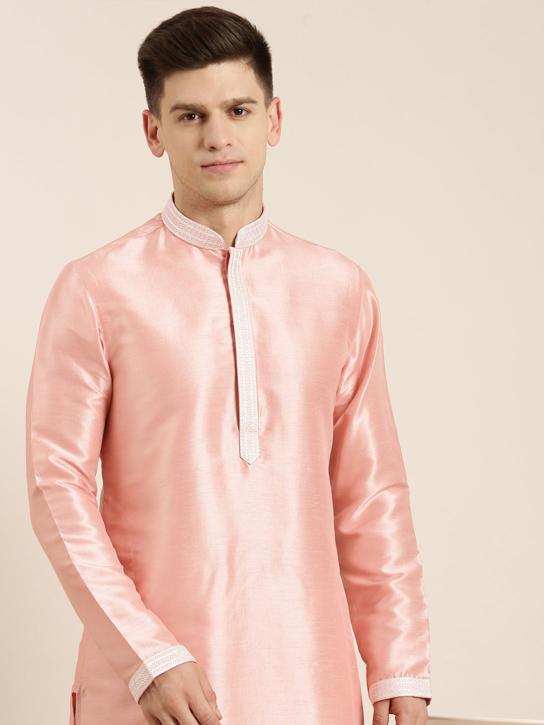 Peach Silk Embroidery Kurta Set