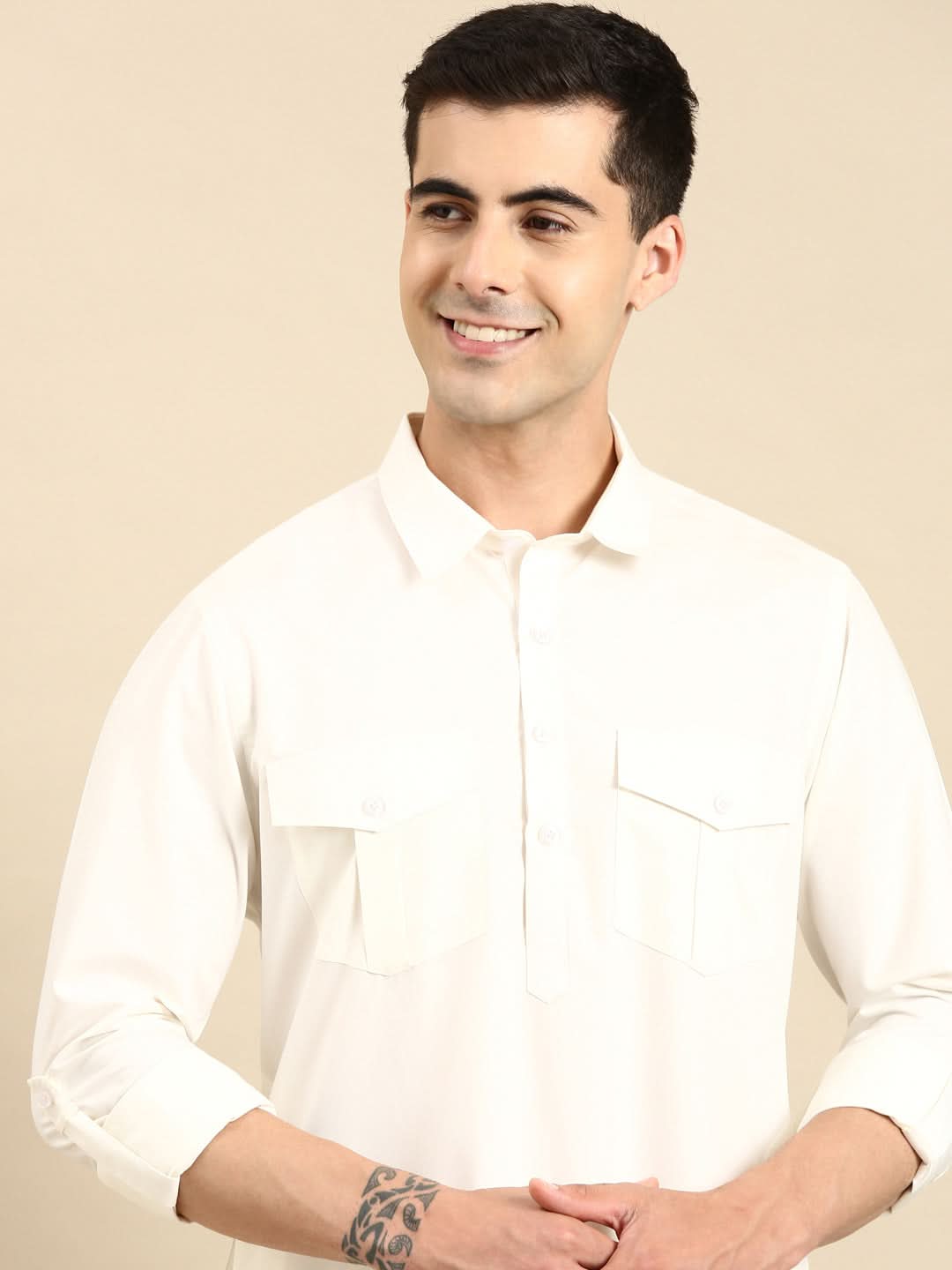 Off White Fine Cotton Pathani With Salwar