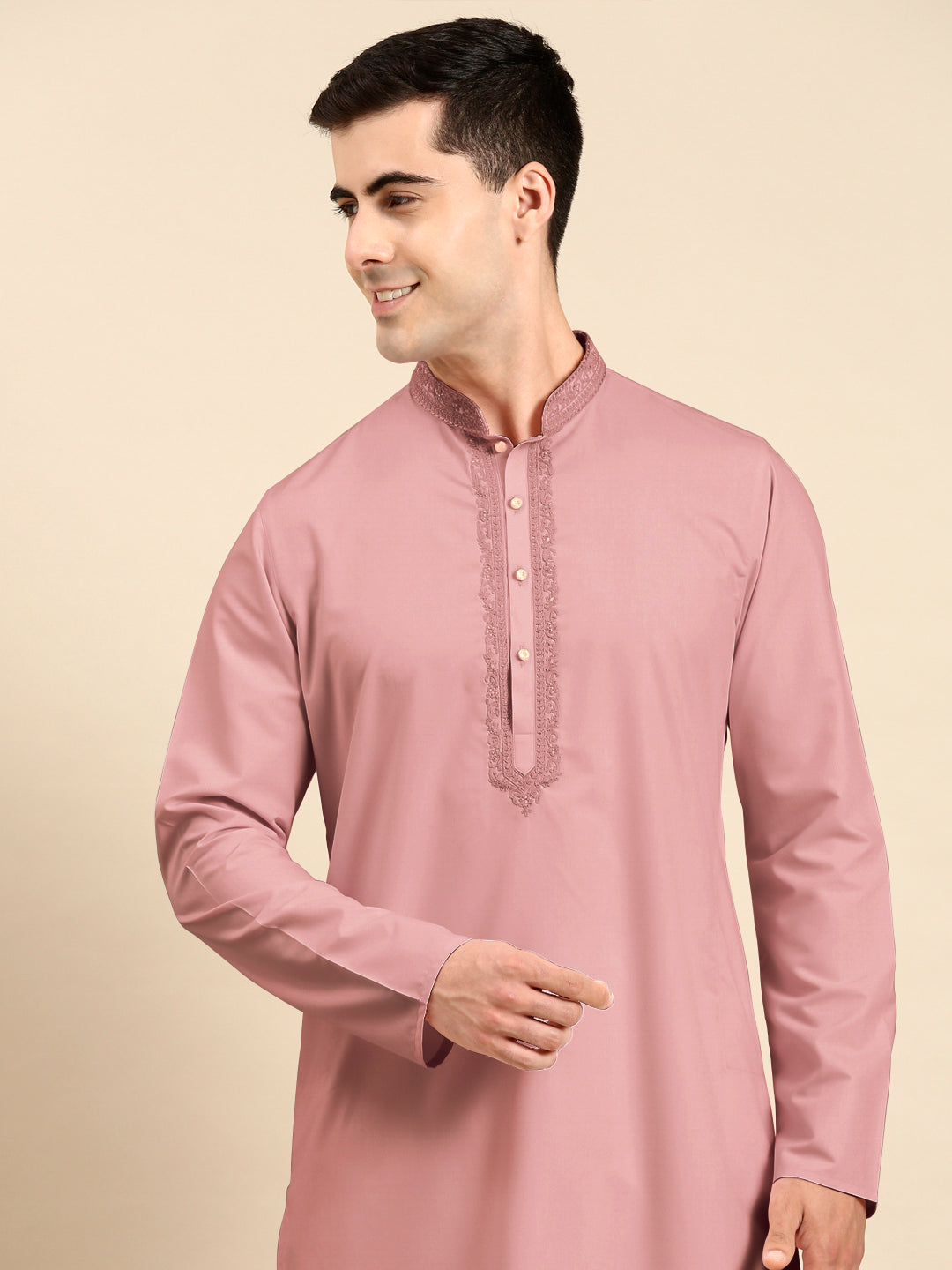 Rose Pink Cotton Dori Embroidered Kurta Set