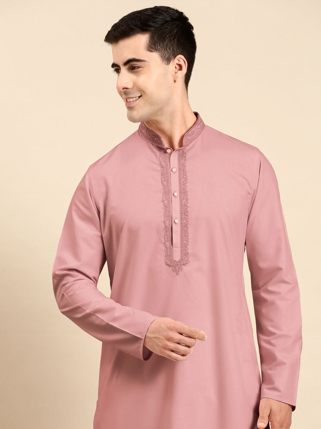 Rose Pink Cotton Dori Embroidered Kurta Set