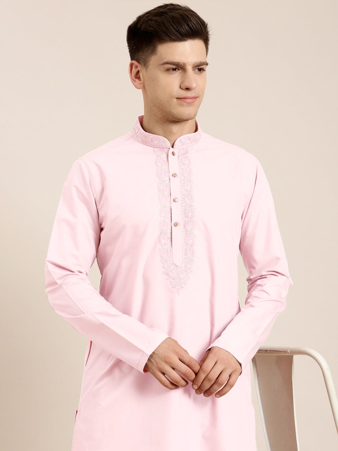 Pink Cotton Dori Embroidered Kurta Set