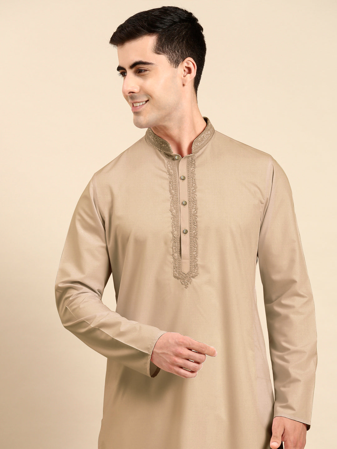 Beige Cotton Dori Embroidered Kurta Set