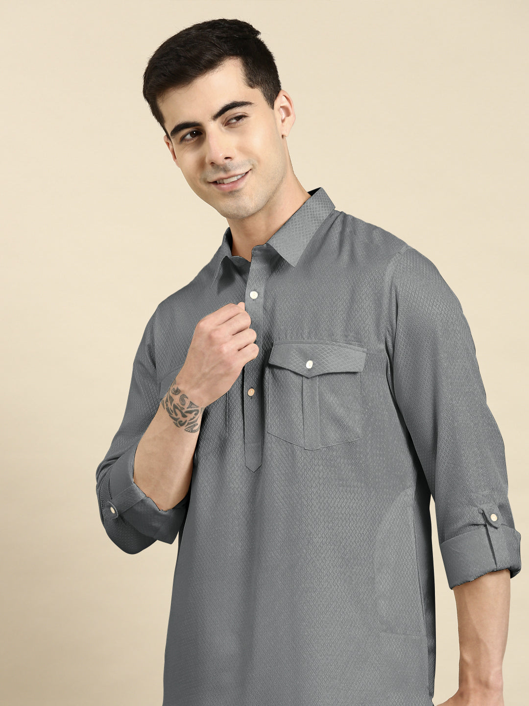 Grey Cotton Pathani with Salwar