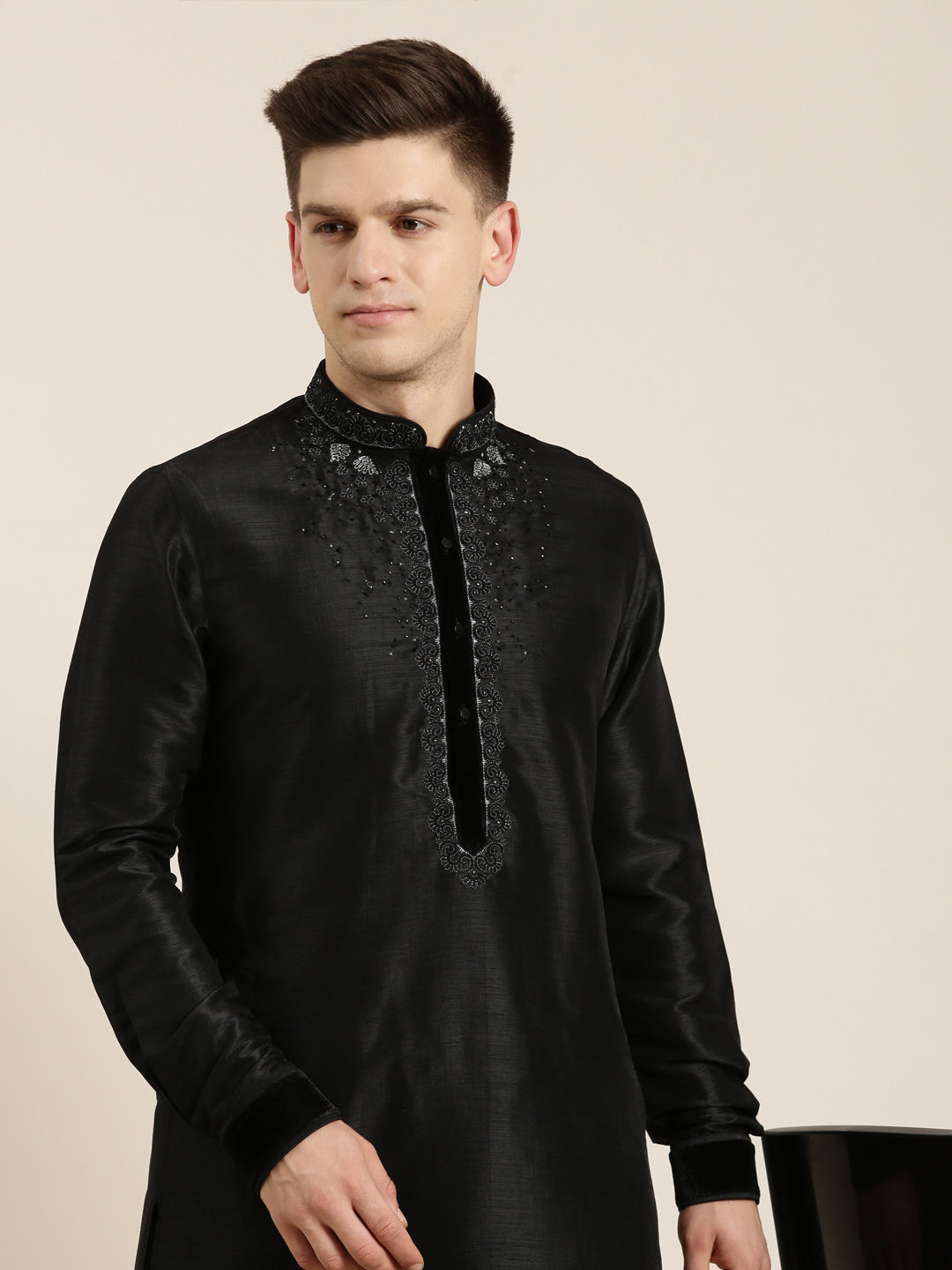 Black Art Silk Embroidered Kurta Set