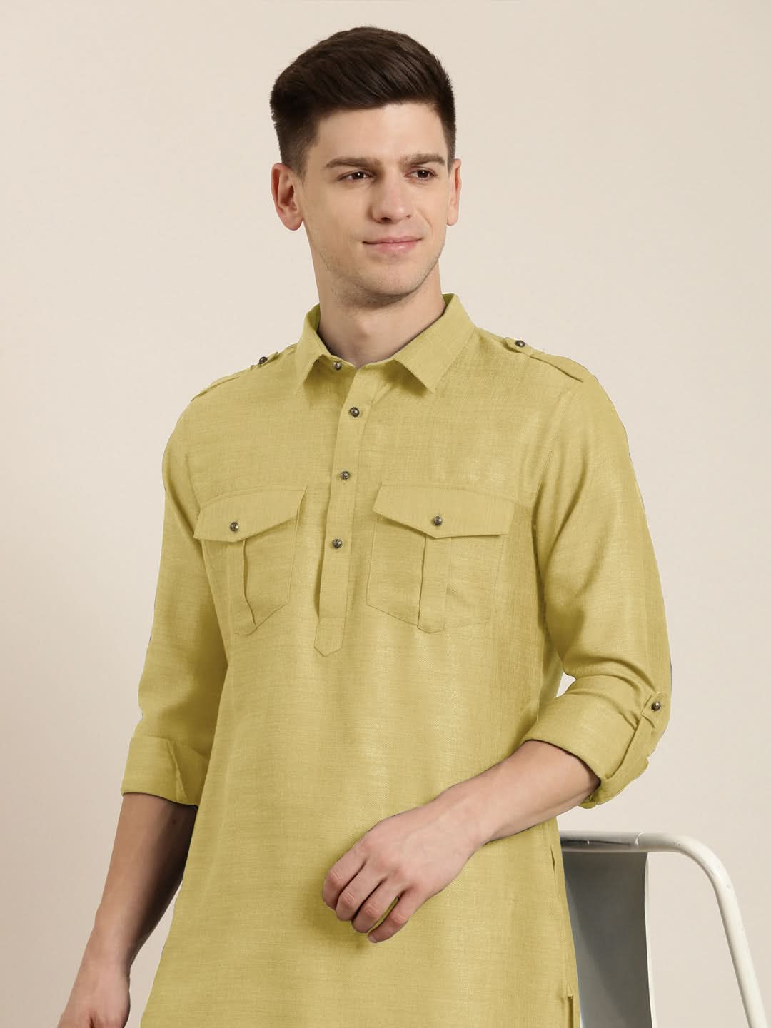 Greenish Beige cotton Pathani with Salwar