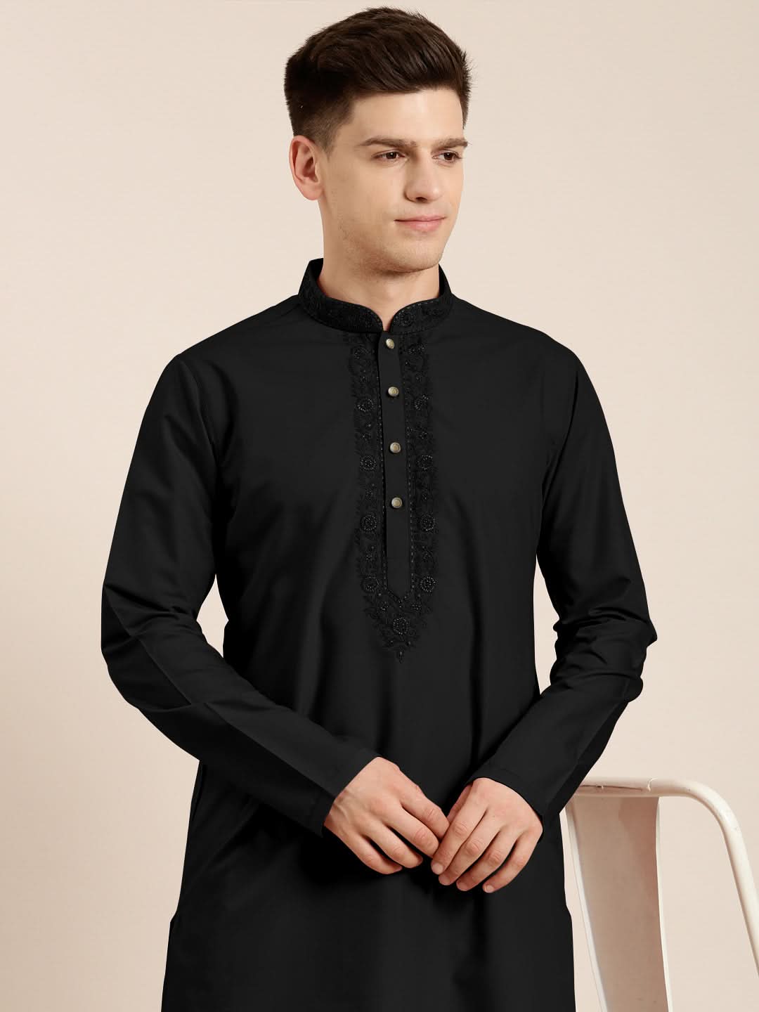 Black Cotton Dori Embroidered Kurta Set