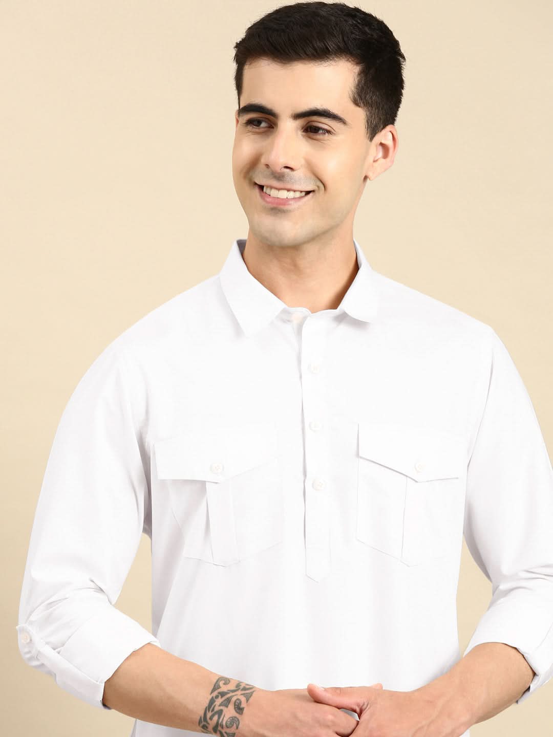 White Fine Cotton Pathani With Salwar