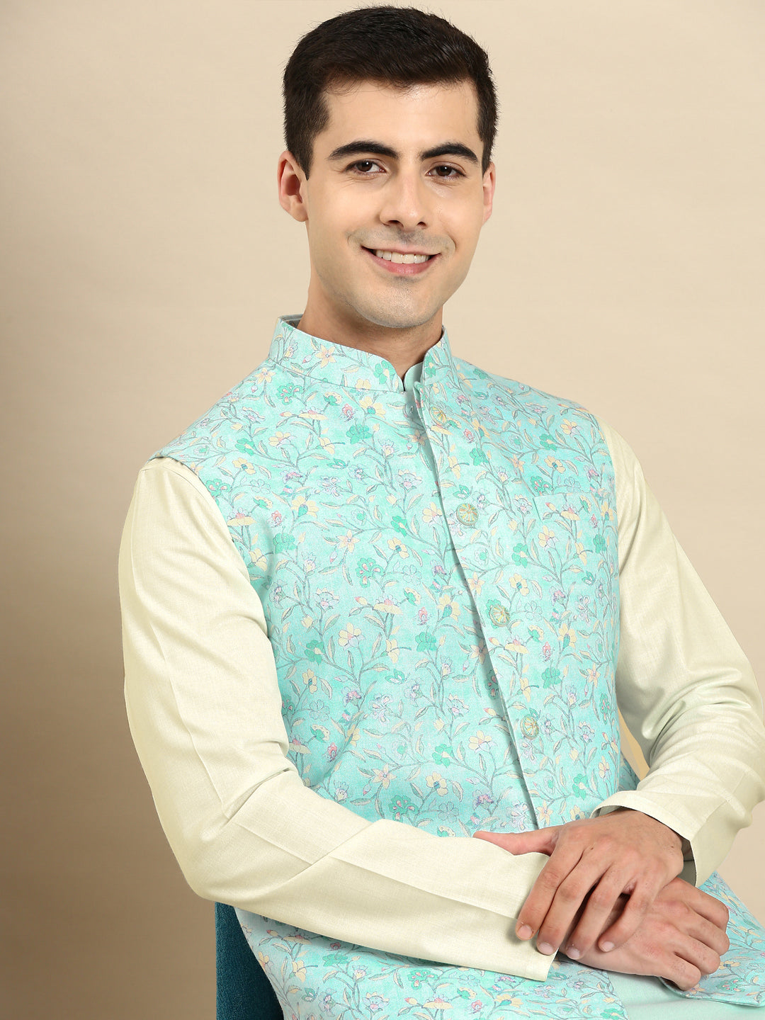 Light Pastel Blue Linen Jacket with Kurta Set