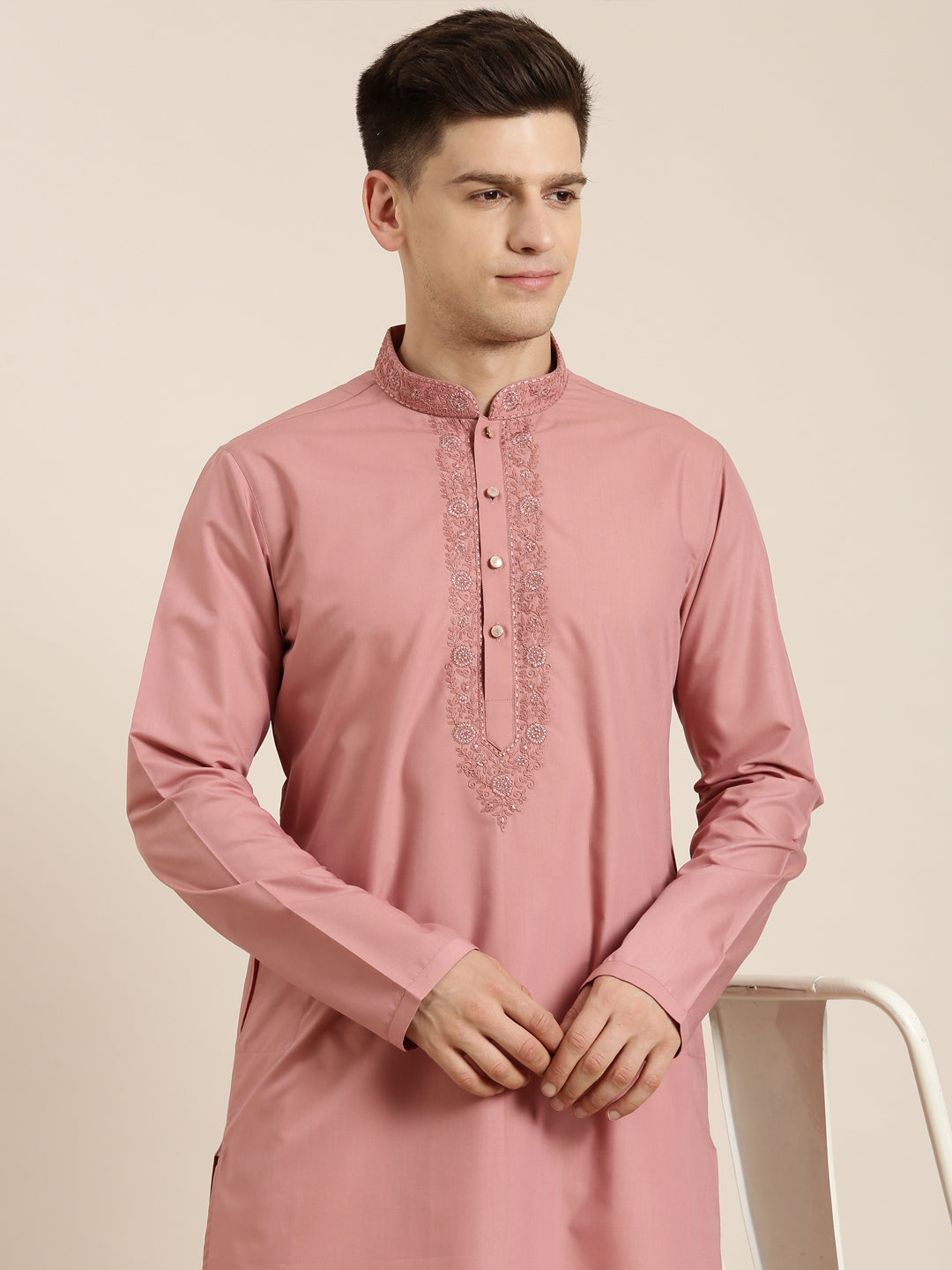 Rose Pink Cotton Dori Embroidered Kurta Set