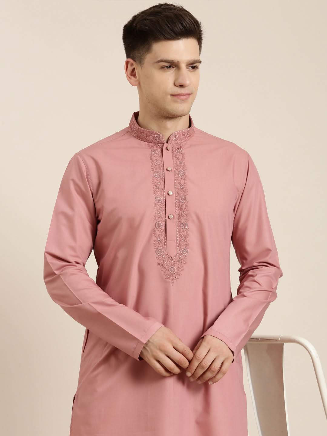 Rose Pink Cotton Dori Embroidered Kurta Set