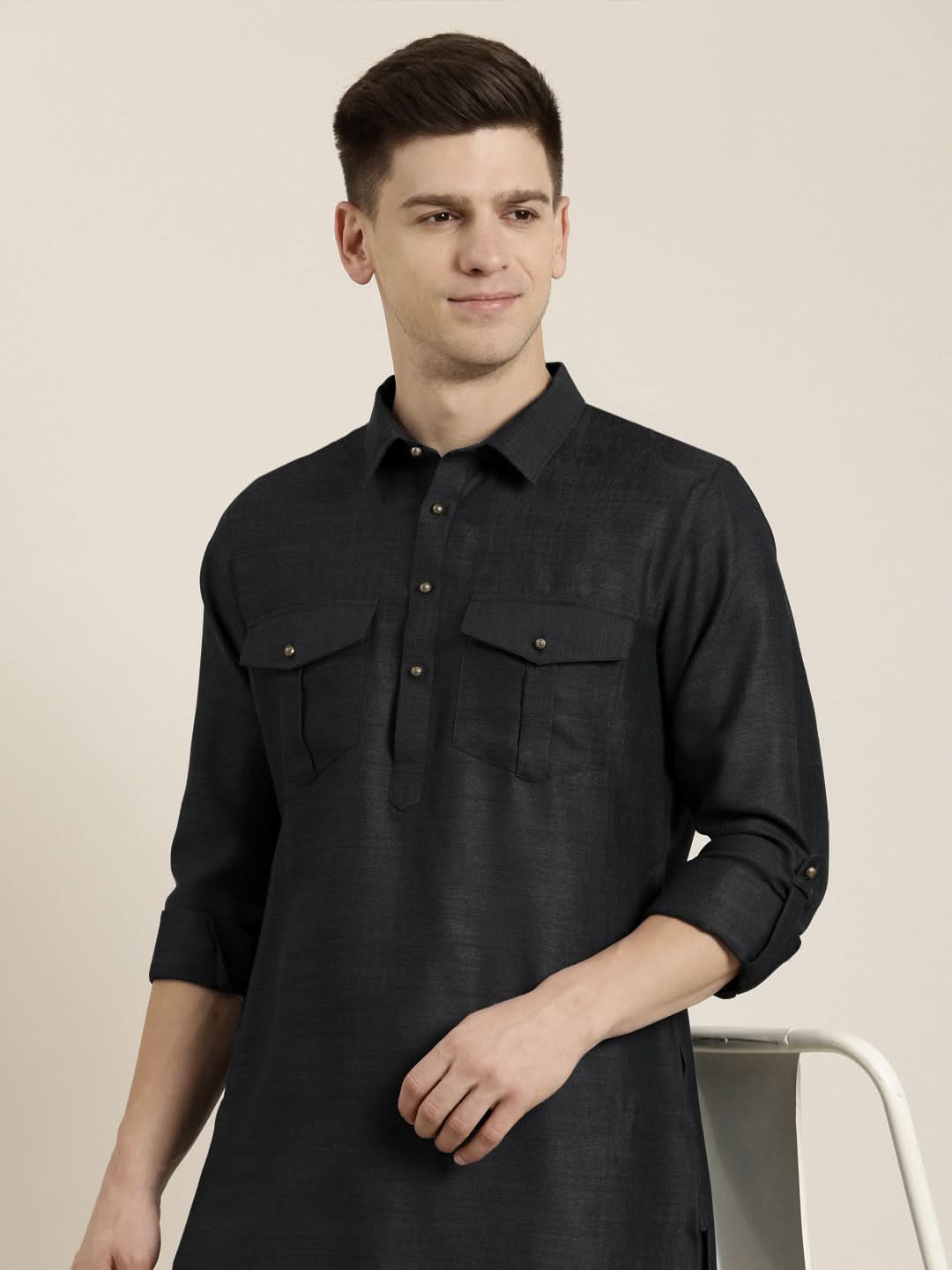 Black Cotton Pathani With Salwar