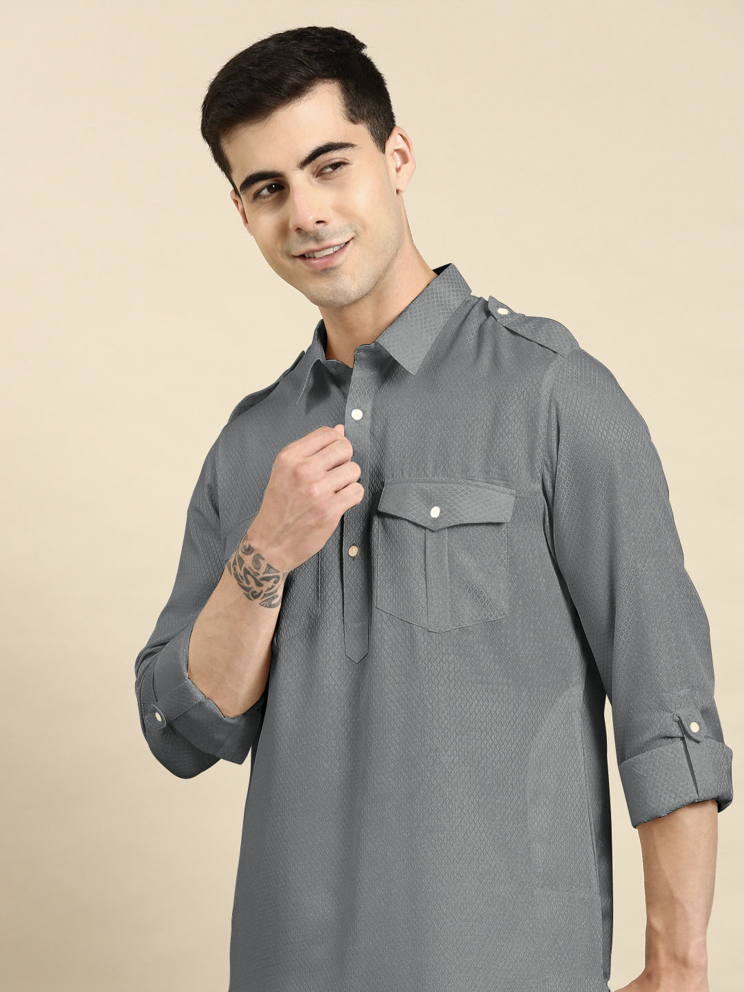 Grey Cotton Pathani with Salwar