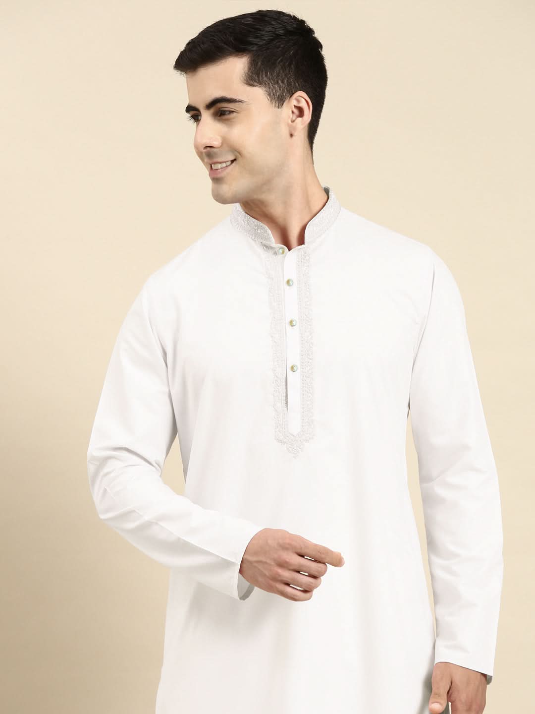 Off White Cotton Dori Embroidered Kurta Set