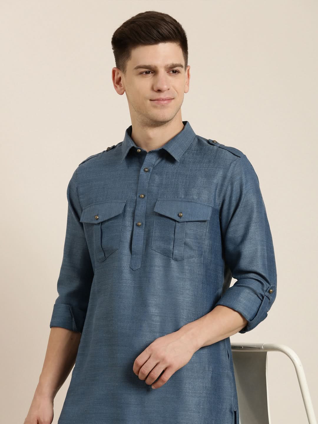 Denim Blue Cotton Pathani With Salwar