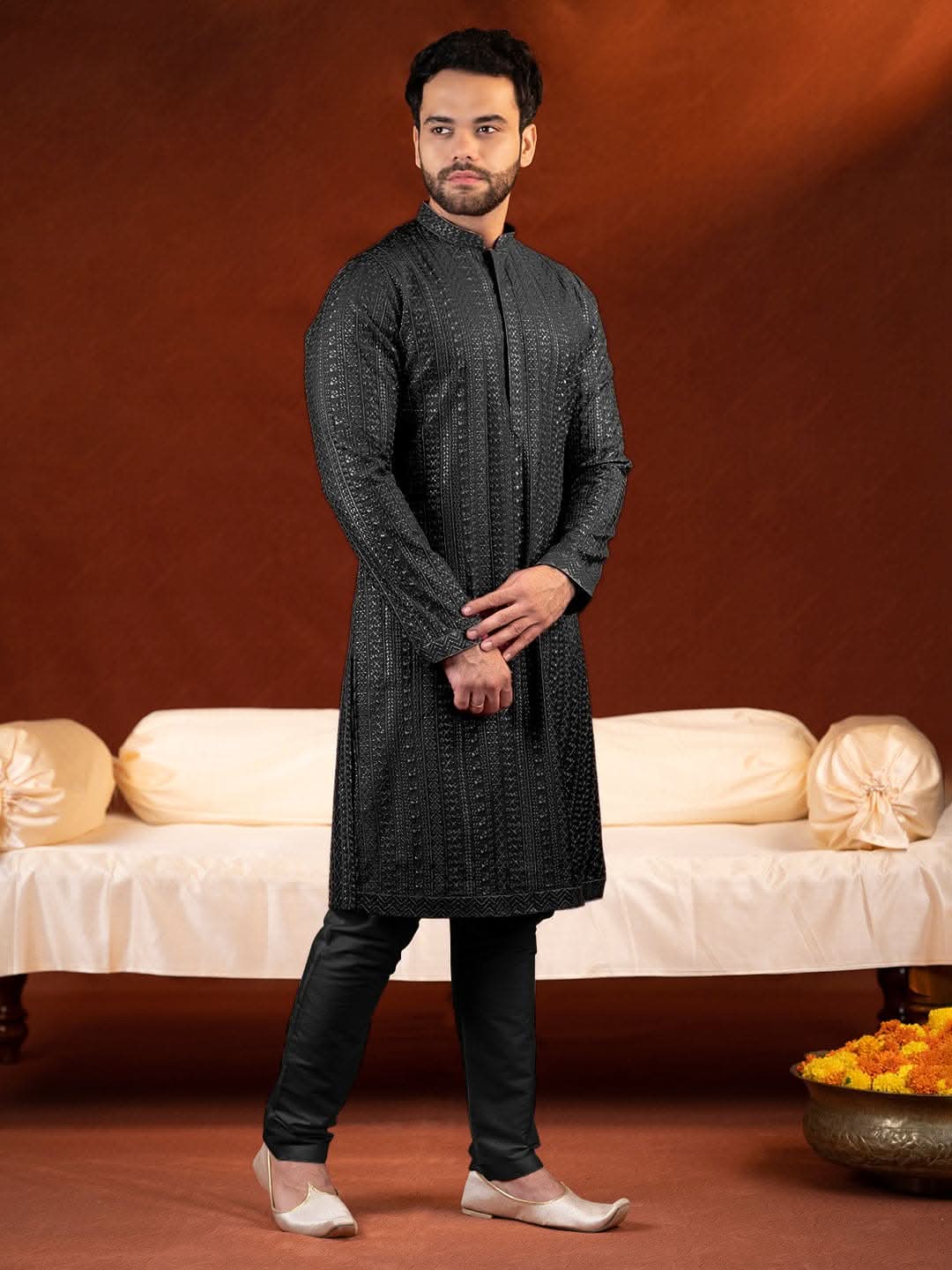 Black Sequin Embroidered Kurta Set
