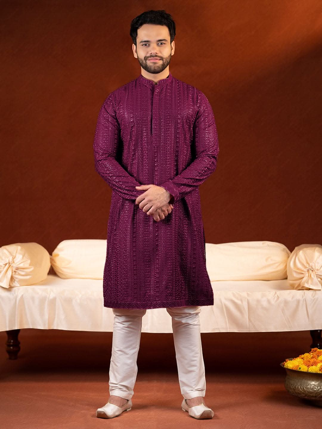 Wine Sequin Embroidered Kurta Set