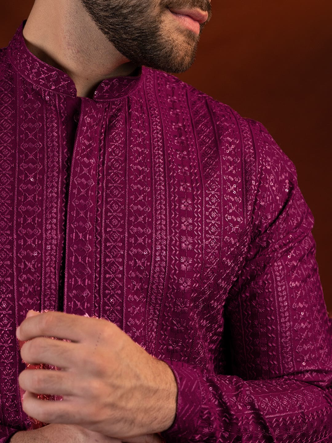 Wine Sequin Embroidered Kurta Set
