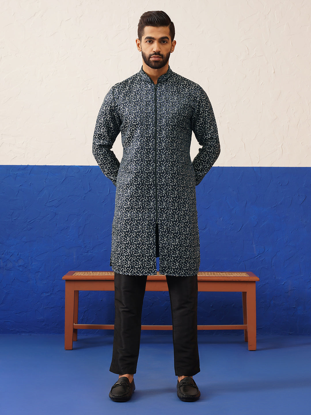 Black Shimmer Front Open Kurta Set