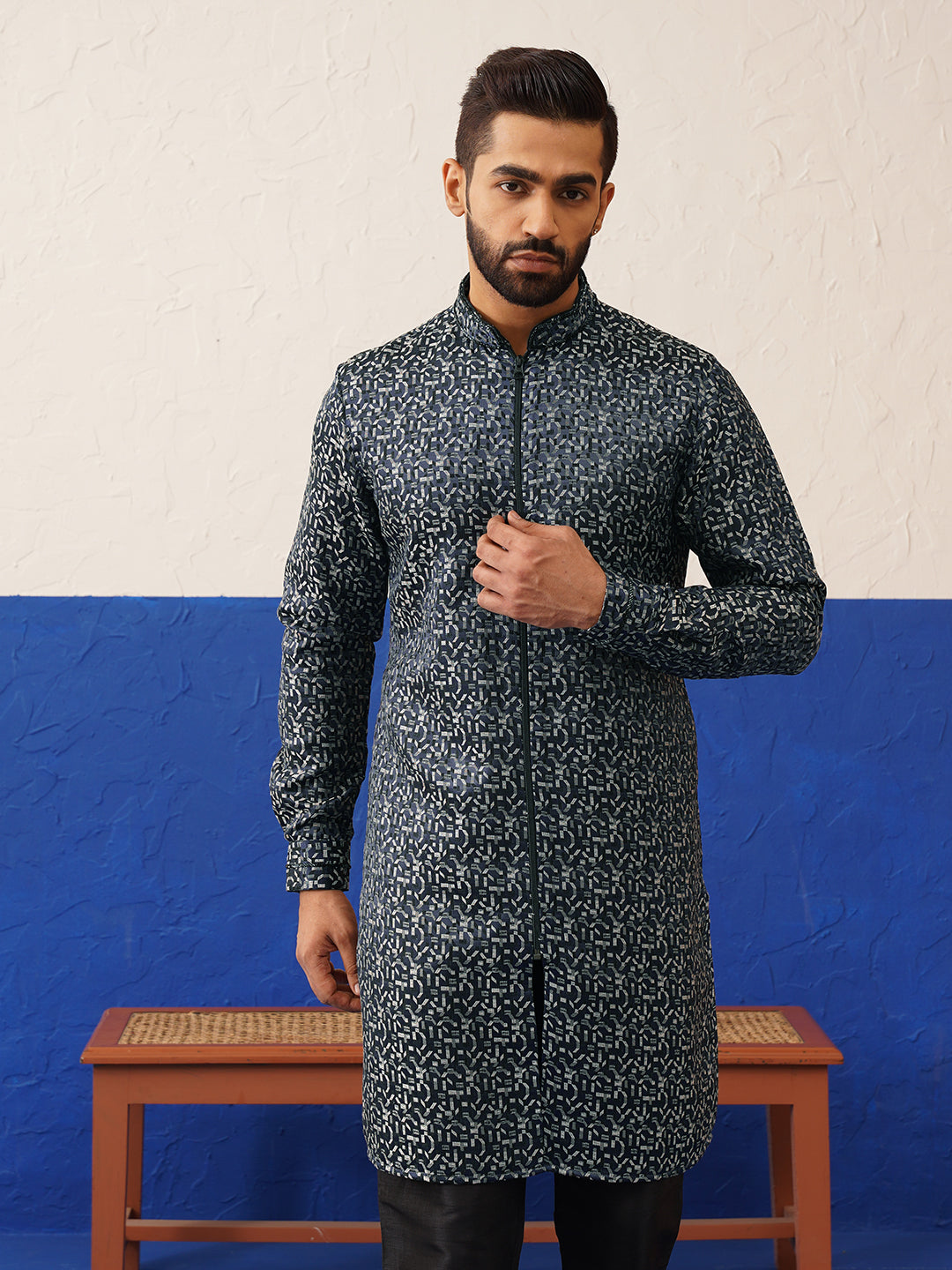 Black Shimmer Front Open Kurta Set